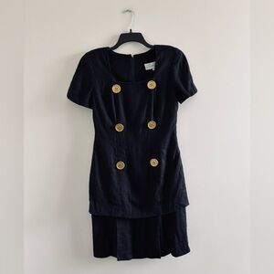 VTG Santa Fe Dress Black Gold Buttons Linen Knee Womens 8 Quiet Luxury Old Money
